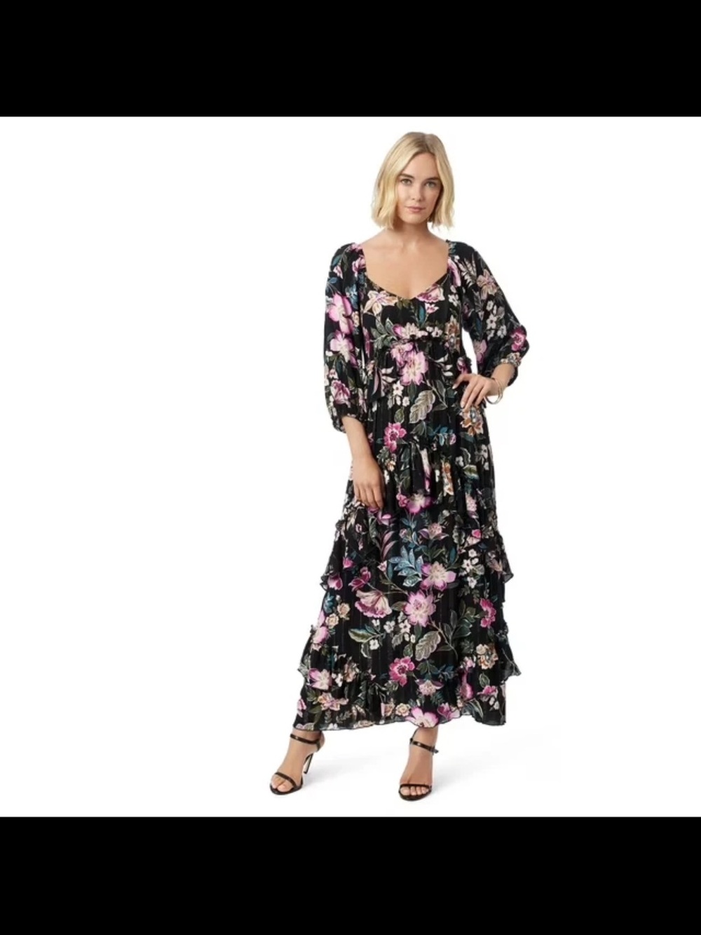 0081. Jessica Simpson Damia Tiered Black Maxi Dress with Pink Floral Print